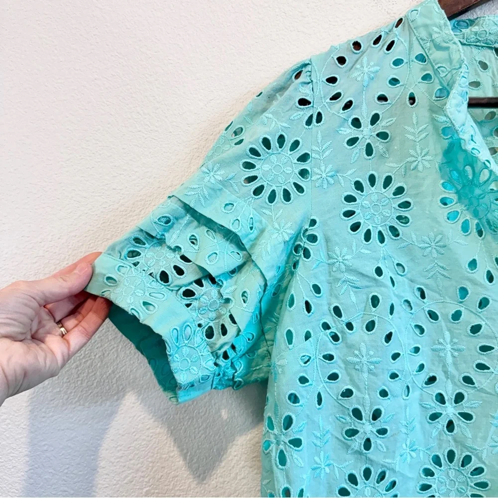 J.Crew Puff-Sleeve Eyelet Popover Top Mint Green Teal Romantic Cottagecore EUC
